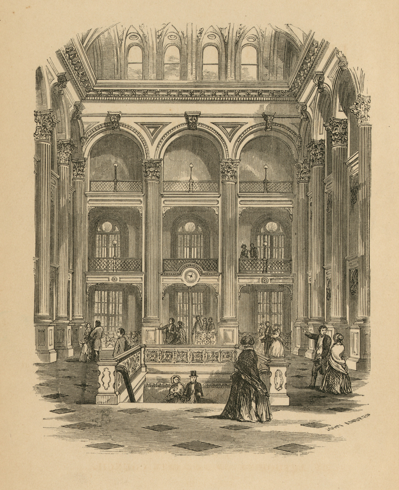 Interior view of a grand hall with galleries and columns — historic image
