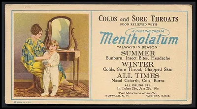 Mentholatum advertising card: colds and sore throats