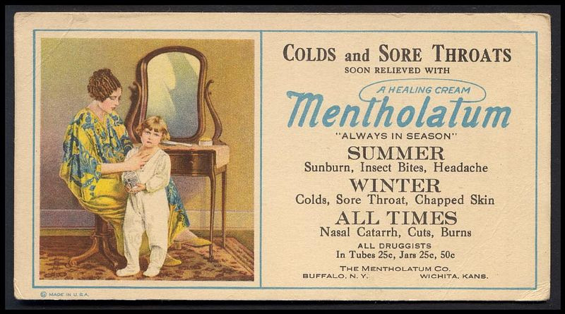 Mentholatum advertising card: colds and sore throats — historic image