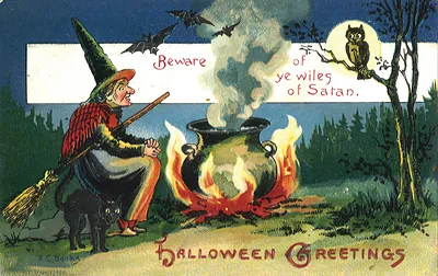 Halloween Greetings postcard with witch, cauldron and owl