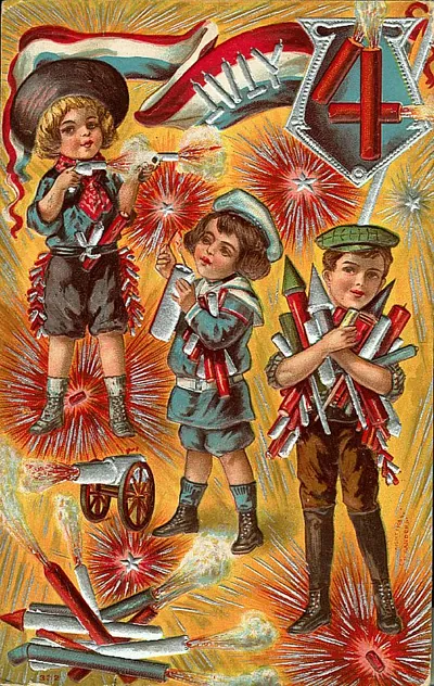Children with fireworks and a red and white flag, Fourth of July postcard