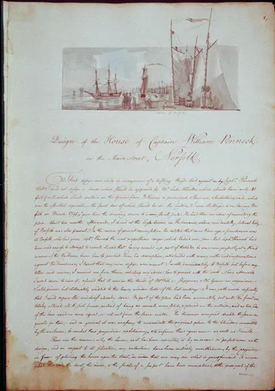 [Houses and a church (Buildings Erected or Proposed to be Built in Virginia"). Sketch at Norfolk and description]"