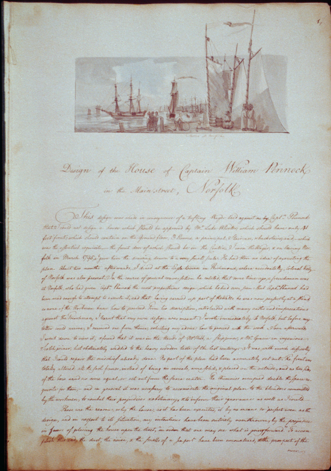 [Houses and a church (Buildings Erected or Proposed to be Built in Virginia"). Sketch at Norfolk and description]", [between 1795 and 1799] — historic drawing