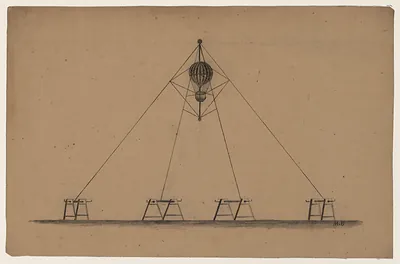 Pencil drawing of a hot air balloon tethered to four trestles