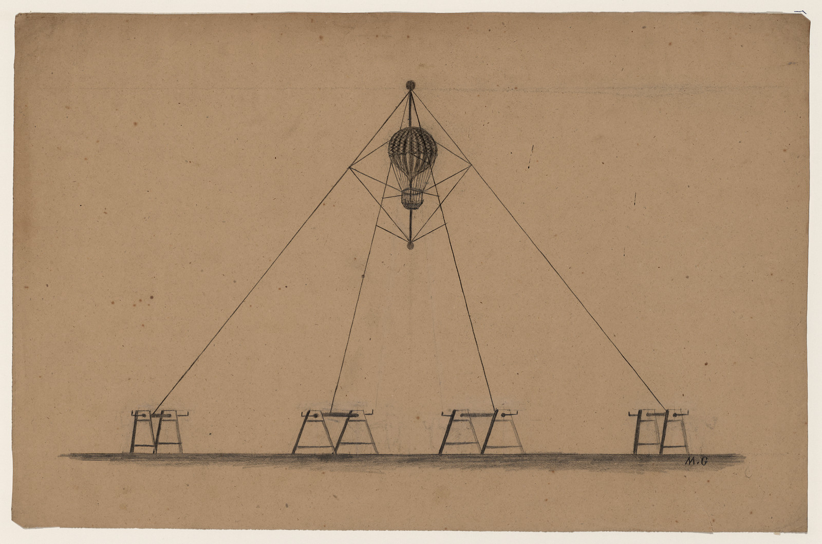 Pencil drawing of a hot air balloon tethered to four trestles — historic drawing
