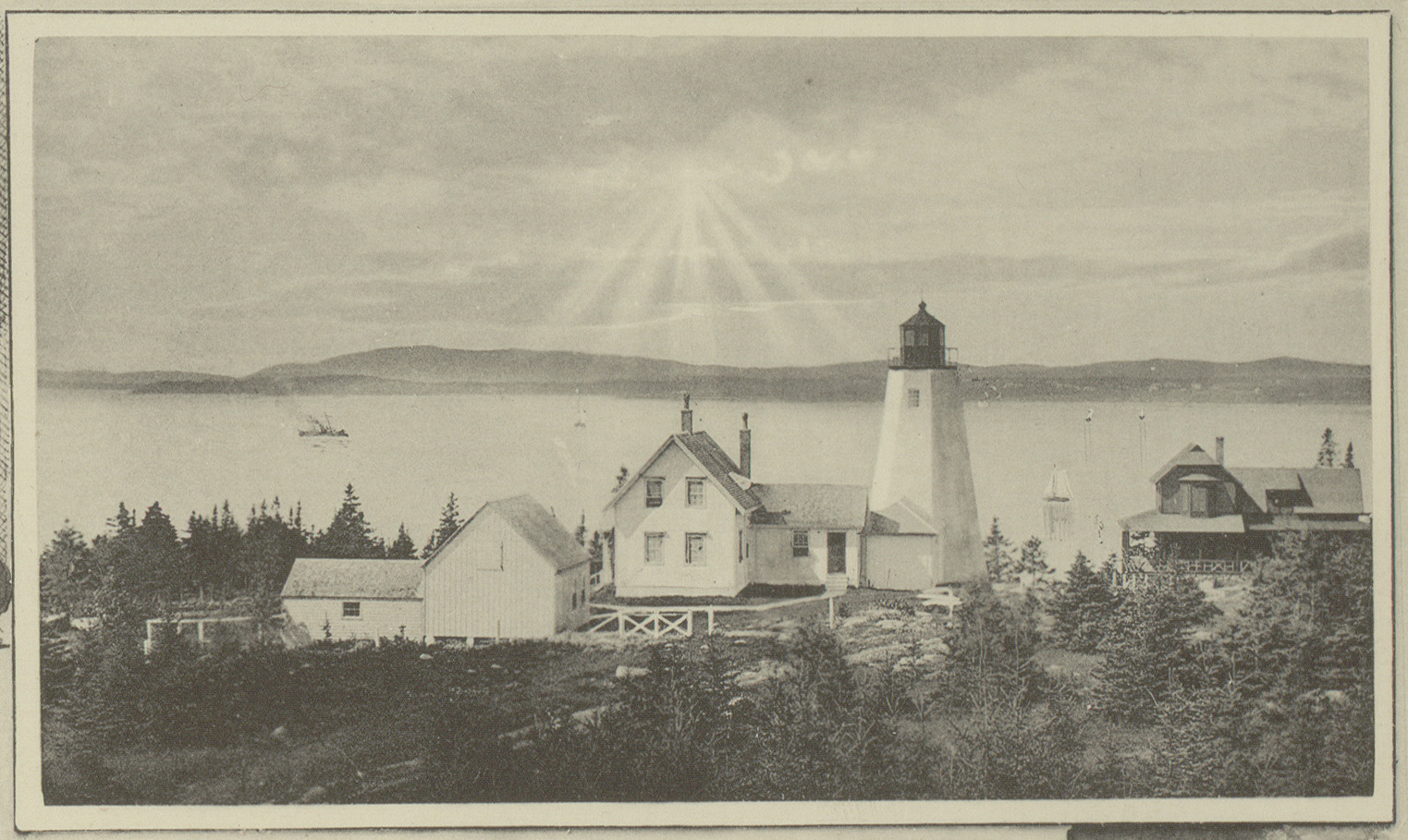 Lighthouse and keeper's house on a rocky point — historic image