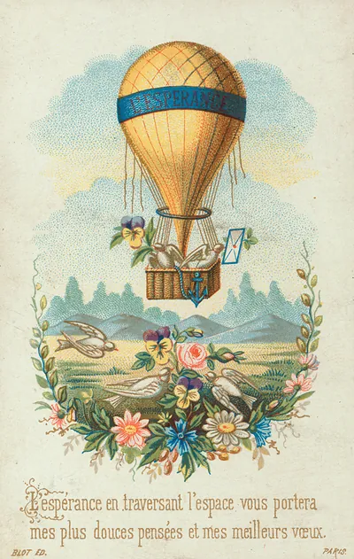 Greeting card: balloon L'Espérance with doves and flowers
