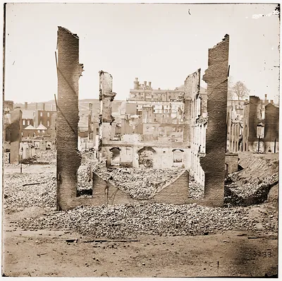 Richmond Virginia. Burnt district. Pratts Castle on Gambles Hill in background