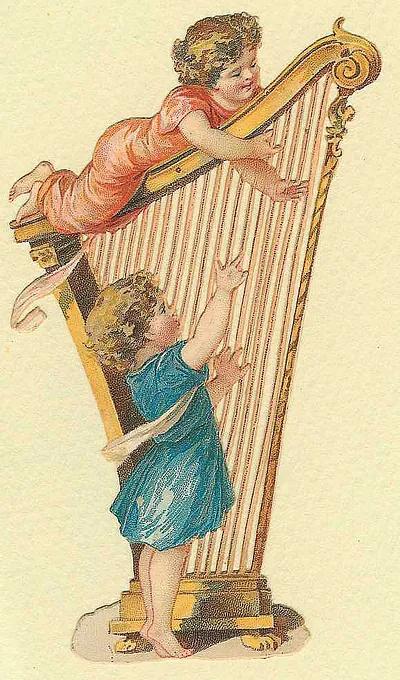 Two cherubs playing a golden harp, die-cut scrap