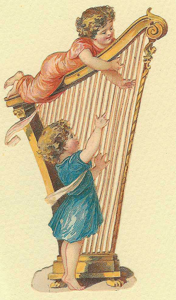 Two cherubs playing a golden harp, die-cut scrap — historic image