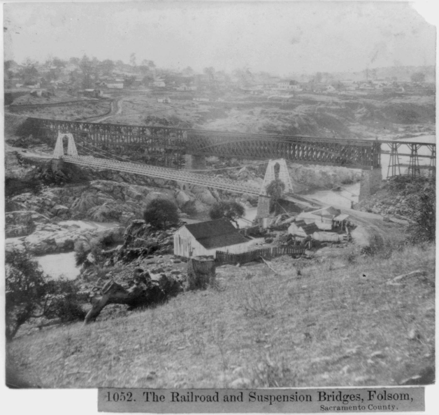 The railroad and suspension bridges, Folsom, Sacramento County, [published 1866] — historic photograph