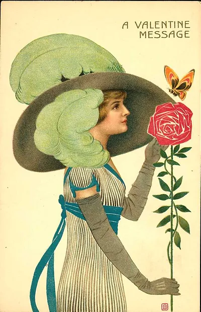 A Valentine Message: woman in hat with rose
