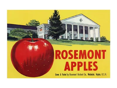 Rosemont Apples fruit crate label with mansion