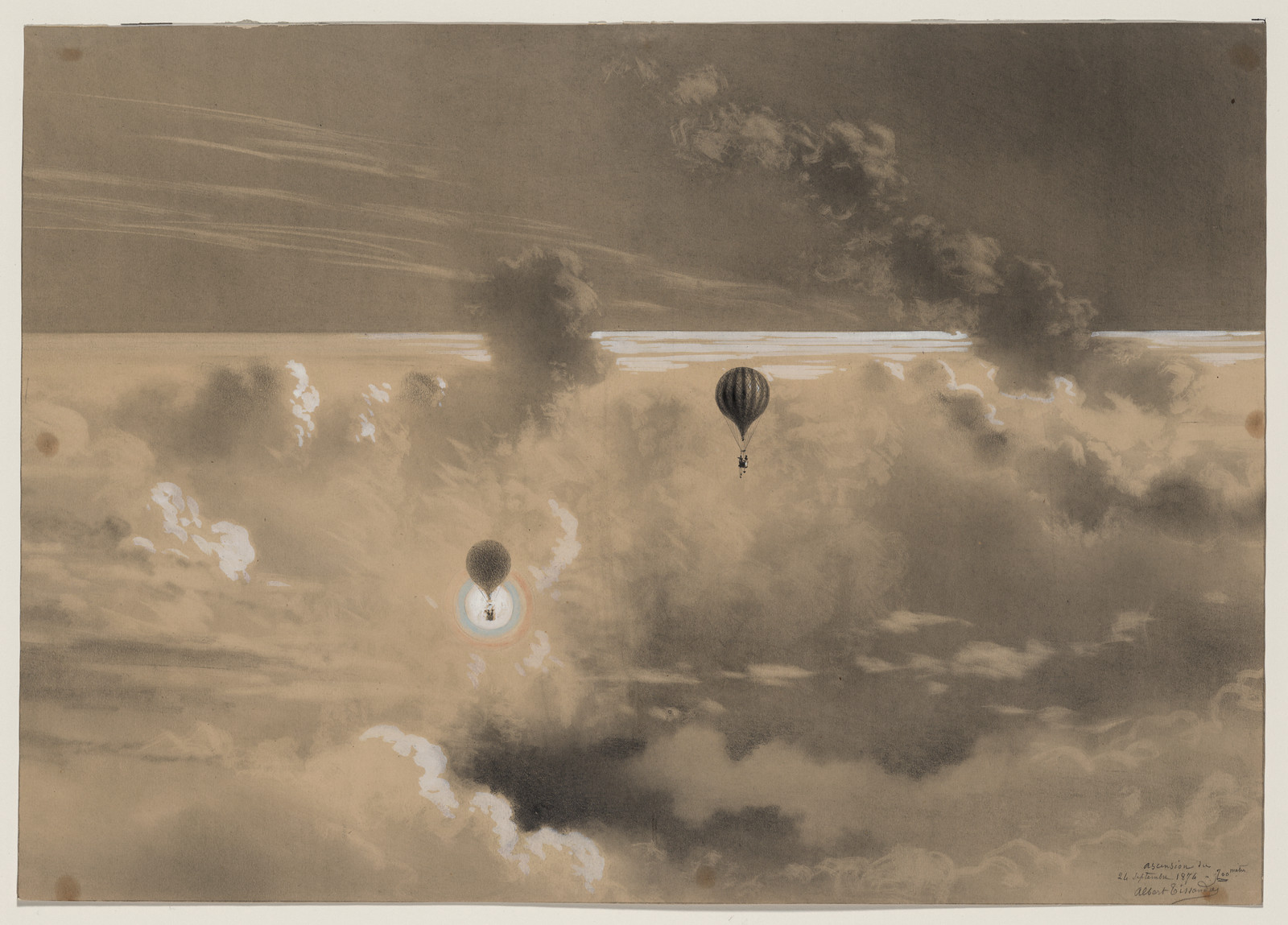 Two balloons rising above clouds, brown wash drawing — historic drawing