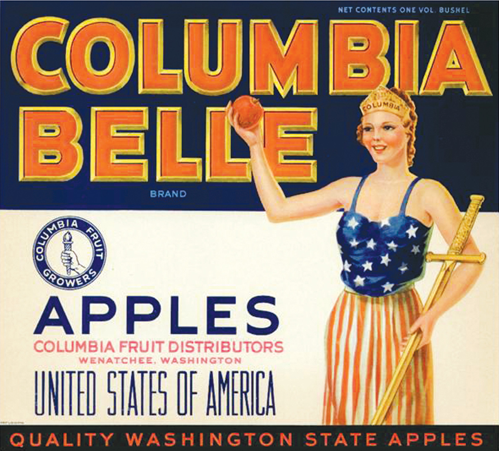 Columbia Belle apples crate label with Columbia figure — historic image