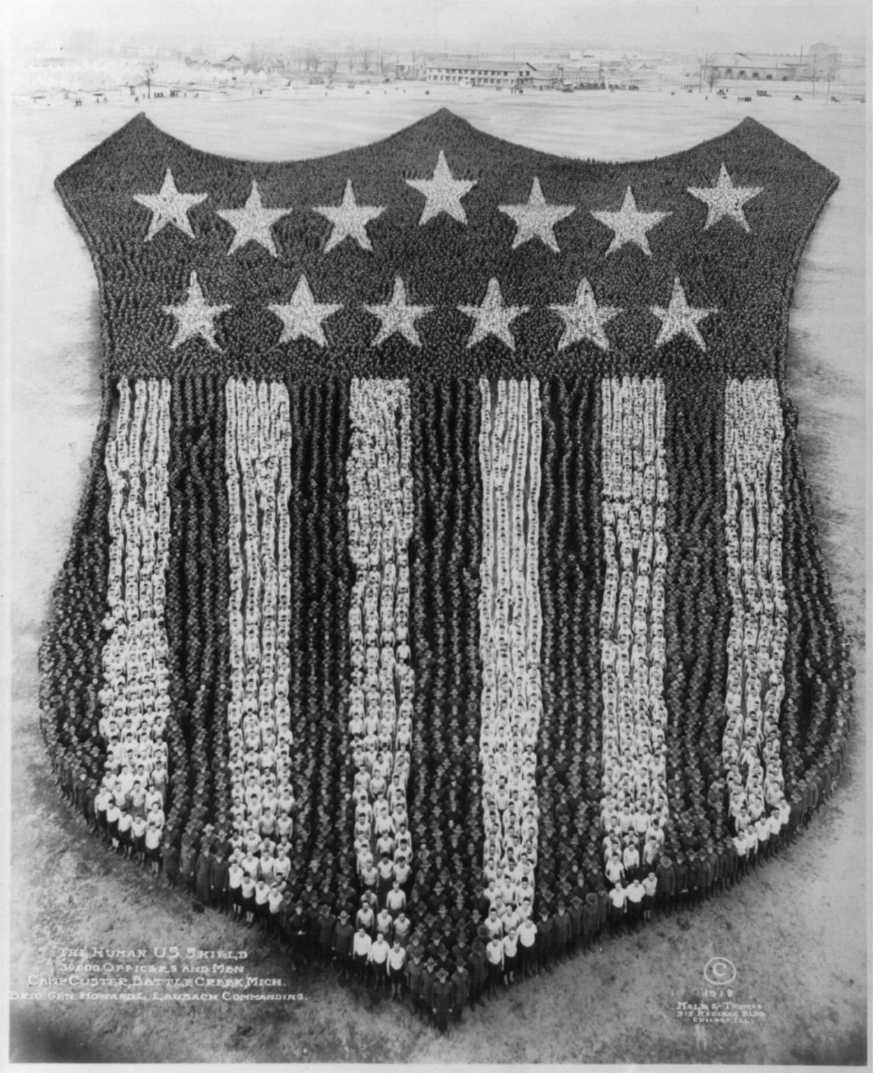 The Human U.S. Shield; 30,000 officers and men, Camp Custer, Battle Creek, Mich; Brig. Gen. Howard L. Lauback, commanding, c1918. — historic photograph