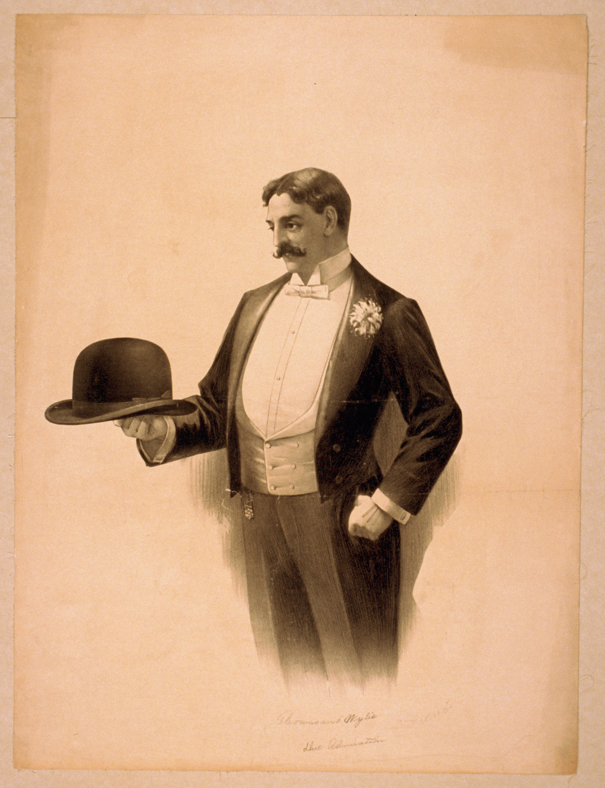 [Man wearing tuxedo, holding bowler hat], H.A. Thomas & Wylie Lith. Co. — historic image