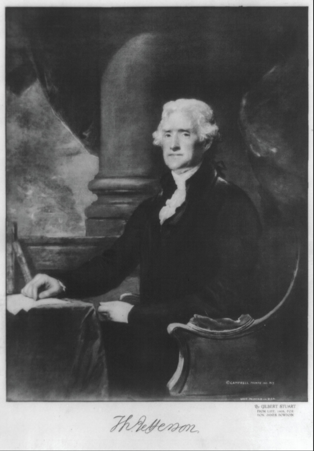 [Thomas Jefferson, three-quarter length portrait, seated at table, facing left] / by Gilbert Stuart., c1943. — historic print