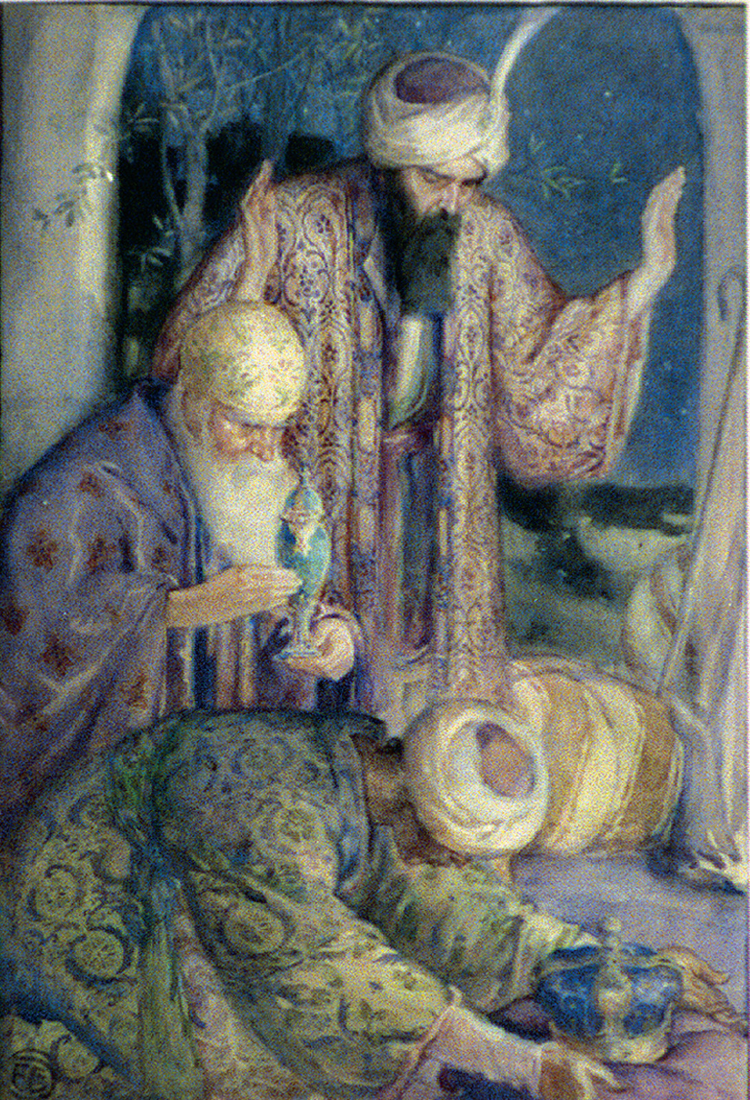 Watercolor of Two Turbaned Men with a Lamp — historic image