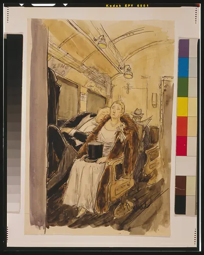 [Elderly couple, in formal attire, dozing while riding the subway] / P. Darlow [i.e., Barlow].