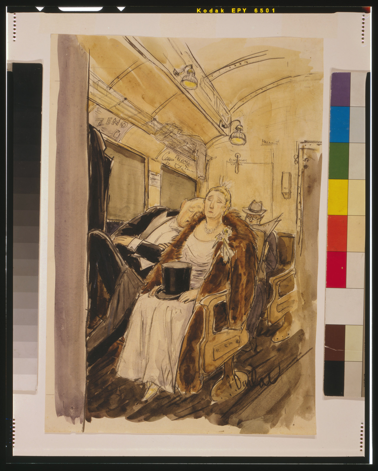 [Elderly couple, in formal attire, dozing while riding the subway] / P. Darlow [i.e., Barlow]., [1938] — historic drawing