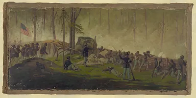 Scene behind the breastworks on Culps Hill, morning of July 3rd 1862