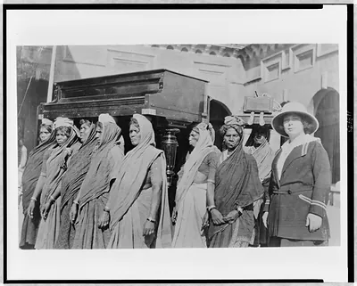 Delivery of concert piano, Nagpur, India, 1923--Helena Morstyn, pianist, at right