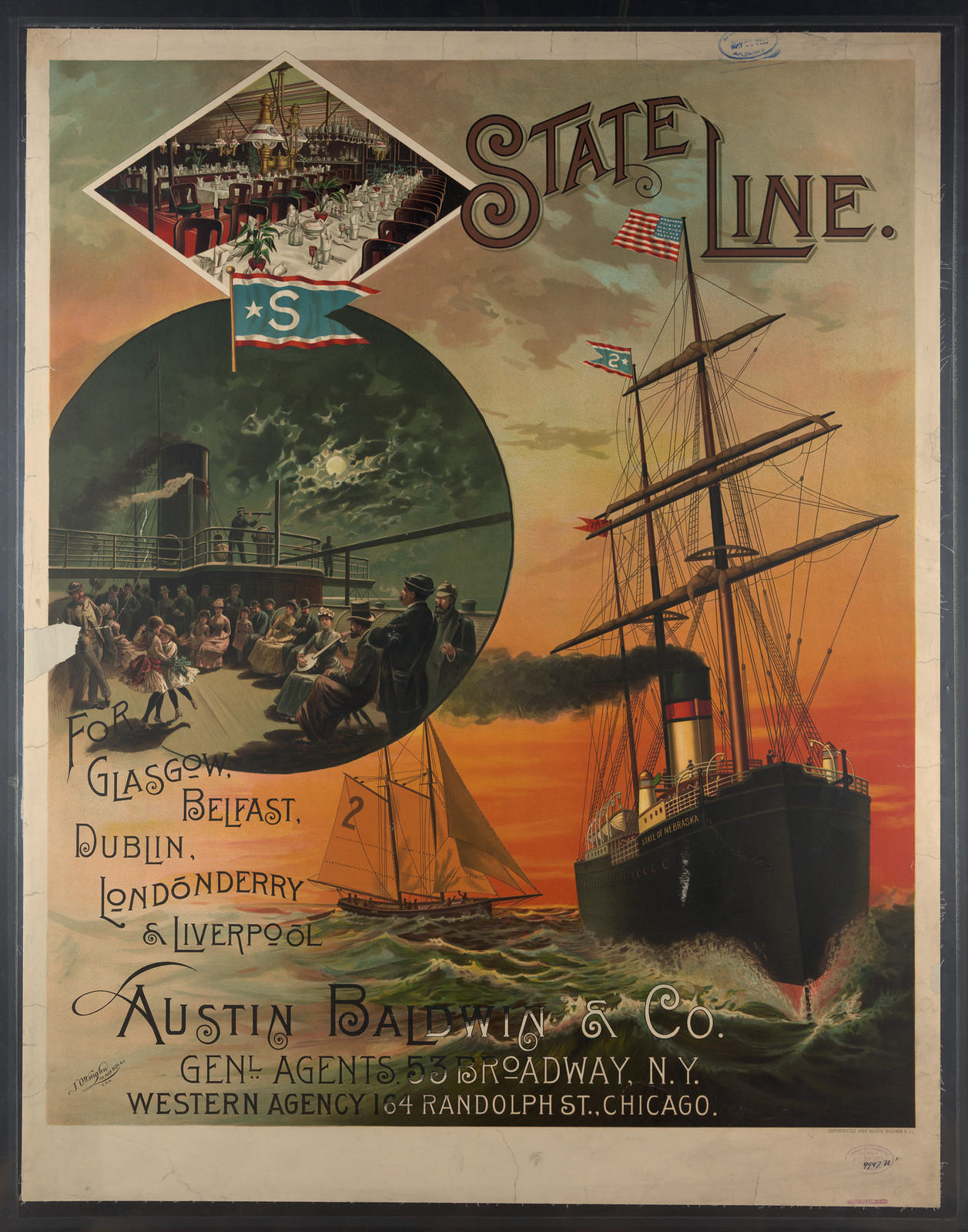 State Line steamship poster, Austin Baldwin & Co., Glasgow Belfast Dublin Liverpool — vintage poster