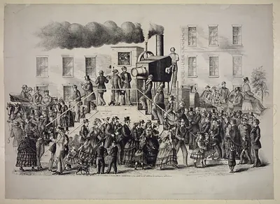 Crowd around a steam locomotive, 19th-century engraving