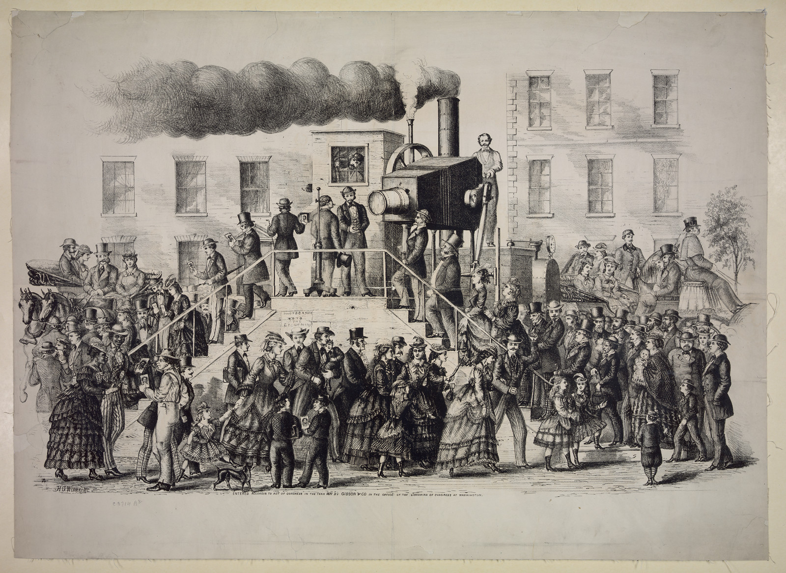Crowd around a steam locomotive, 19th-century engraving — historic photograph