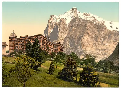 Grindelwald view of Hotel Bären and Wetterhorn Mountain Bernese Oberland Switzerland