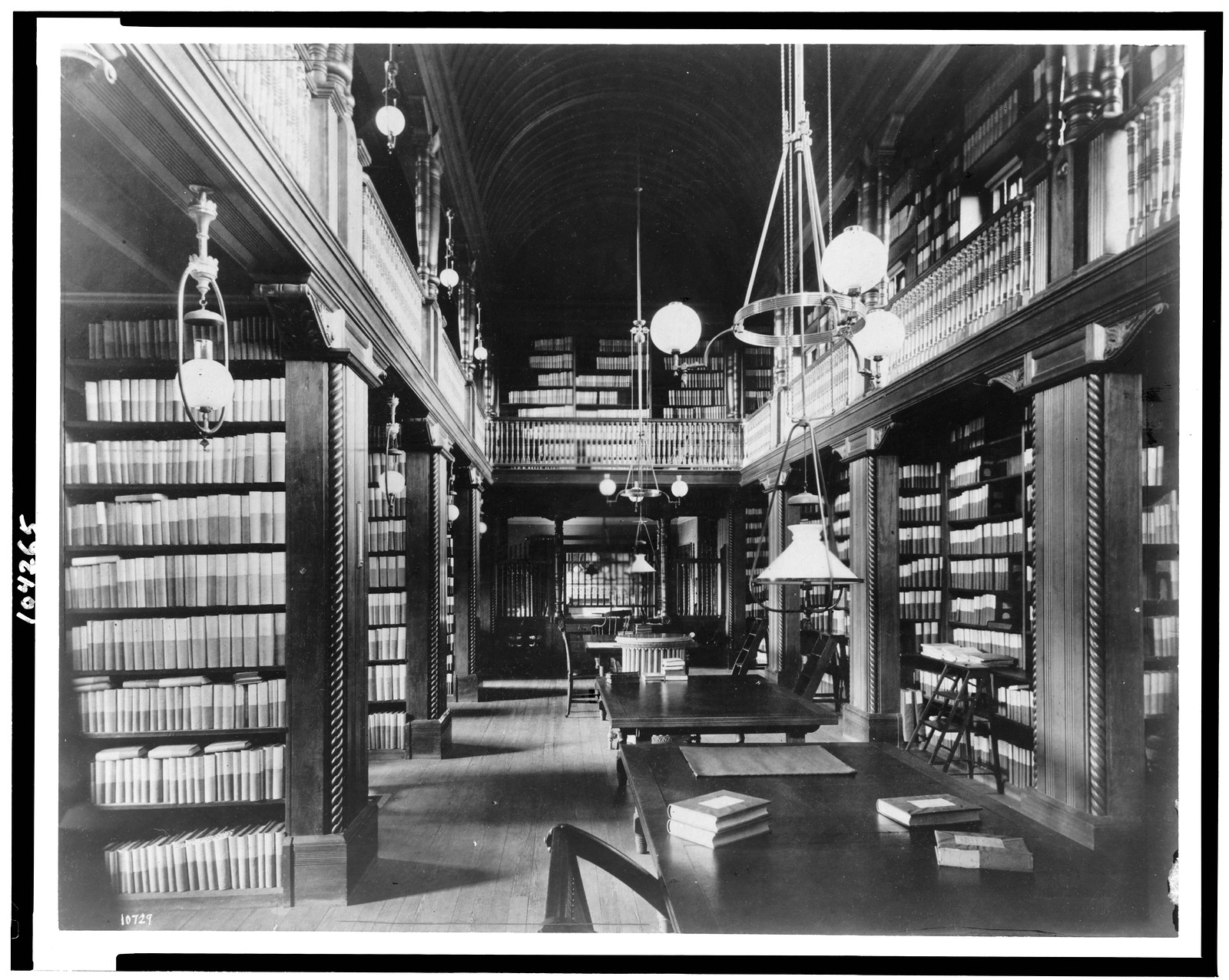 [Book stacks and library tables in library, North Easton, Massachusetts], [ca. 1905] — historic photograph