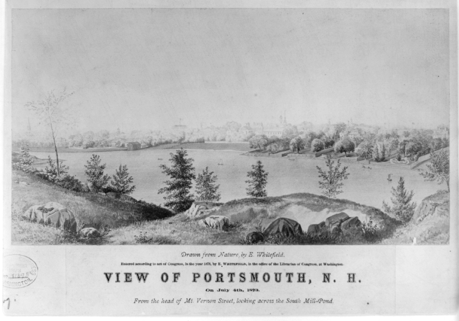 View of Portsmouth, N.H., 1873 July 4: From the head of Mt. Vernon Street, looking across the South Mill Pond, [no date recorded on caption card] — historic print