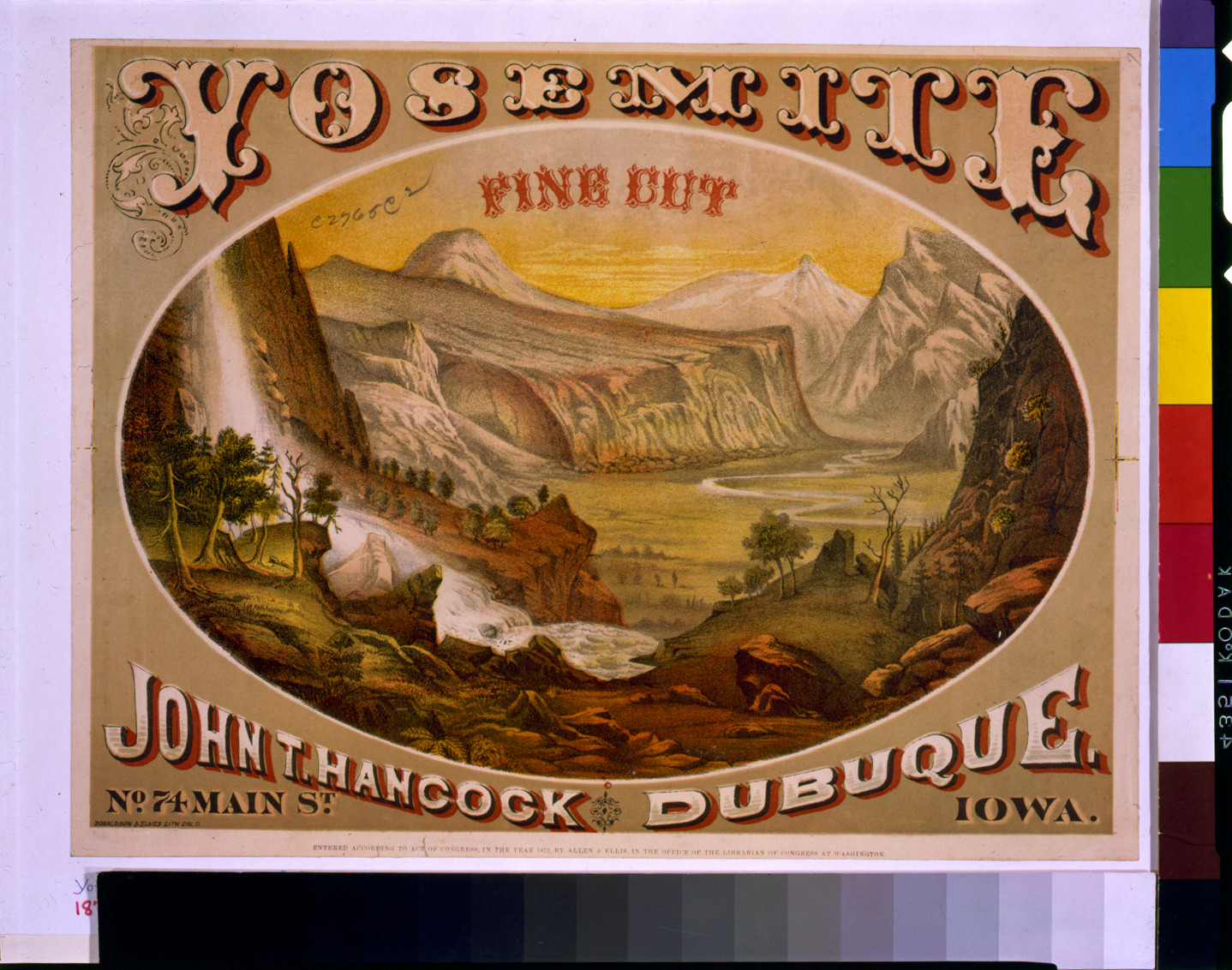 Yosemite. Fine cut. John T. Hancock, Dubuque, Iowa / Donaldson & Elmes lith., Cin., O., c1872. — antique lithograph