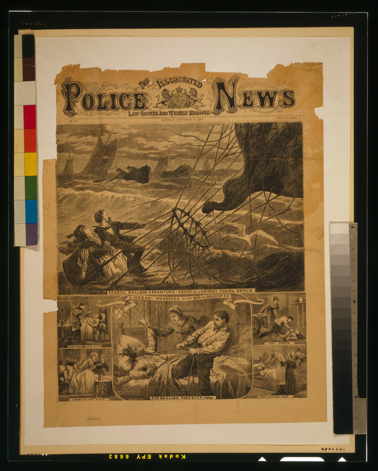 Fearful balloon adventure-- saved by a Grimsby fishing smack A woman murdered by her son and daughter., 1874 — antique engraving