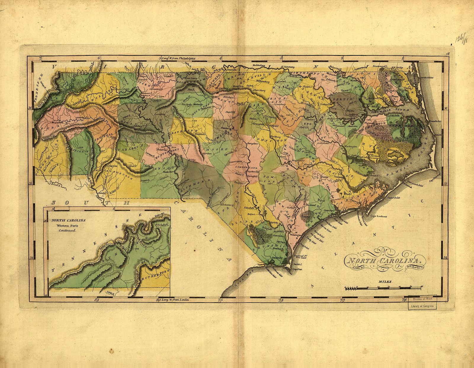 North Carolina, hand-colored map with Western Parts inset, 1814 — antique map