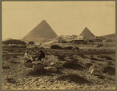 Hotel Mena House and the pyramids, sepia photograph
