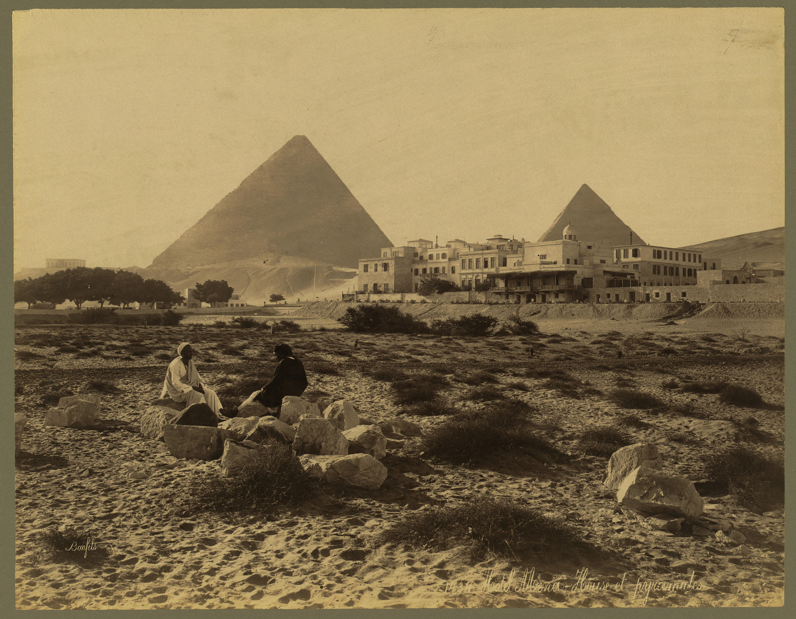 Hotel Mena House and the pyramids, sepia photograph — historic photograph