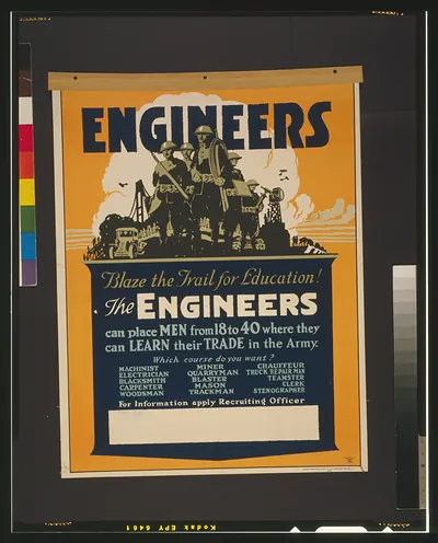 Engineers blaze the trail for education! The engineers can place men from 18 to 40 where they can learn their trade in the Army.