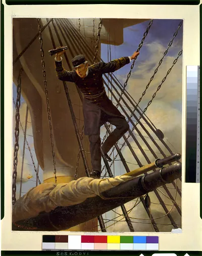 Lashed to the shrouds--Farragut passing the forts at Mobile, in his flagship Hartford / Prangs chromo ; after Theodore Kaufman.