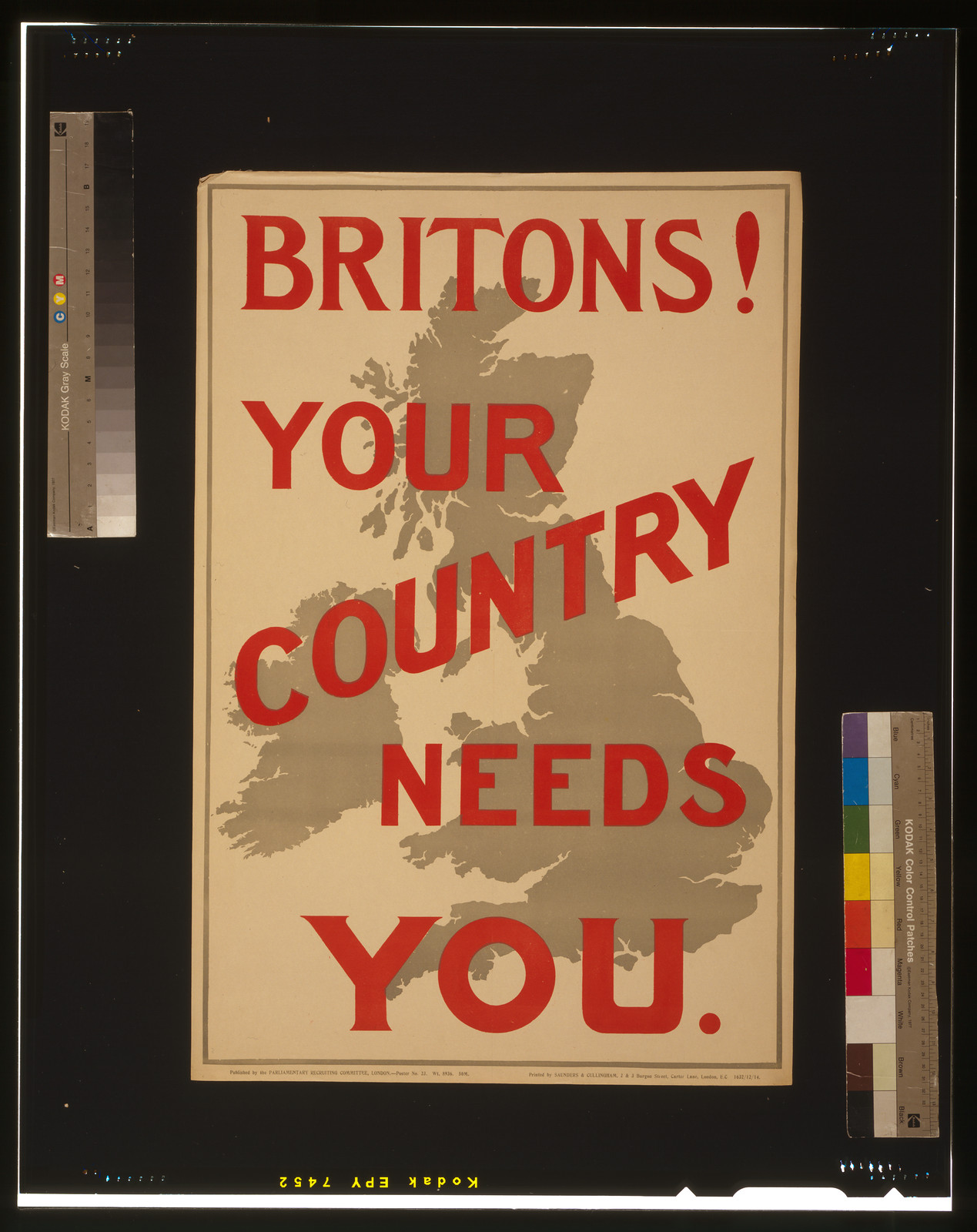 Britons! Your country needs you / Printed by Saunders & Cullingham, 2 & 3 Burgon Street, Carter Lane, London, E.C., London : Parliamentary Recruiting Committee, [1914] — vintage poster