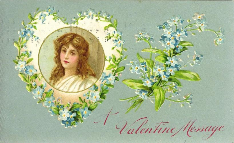 A Valentine Message postcard with girl in forget-me-not heart — vintage postcard