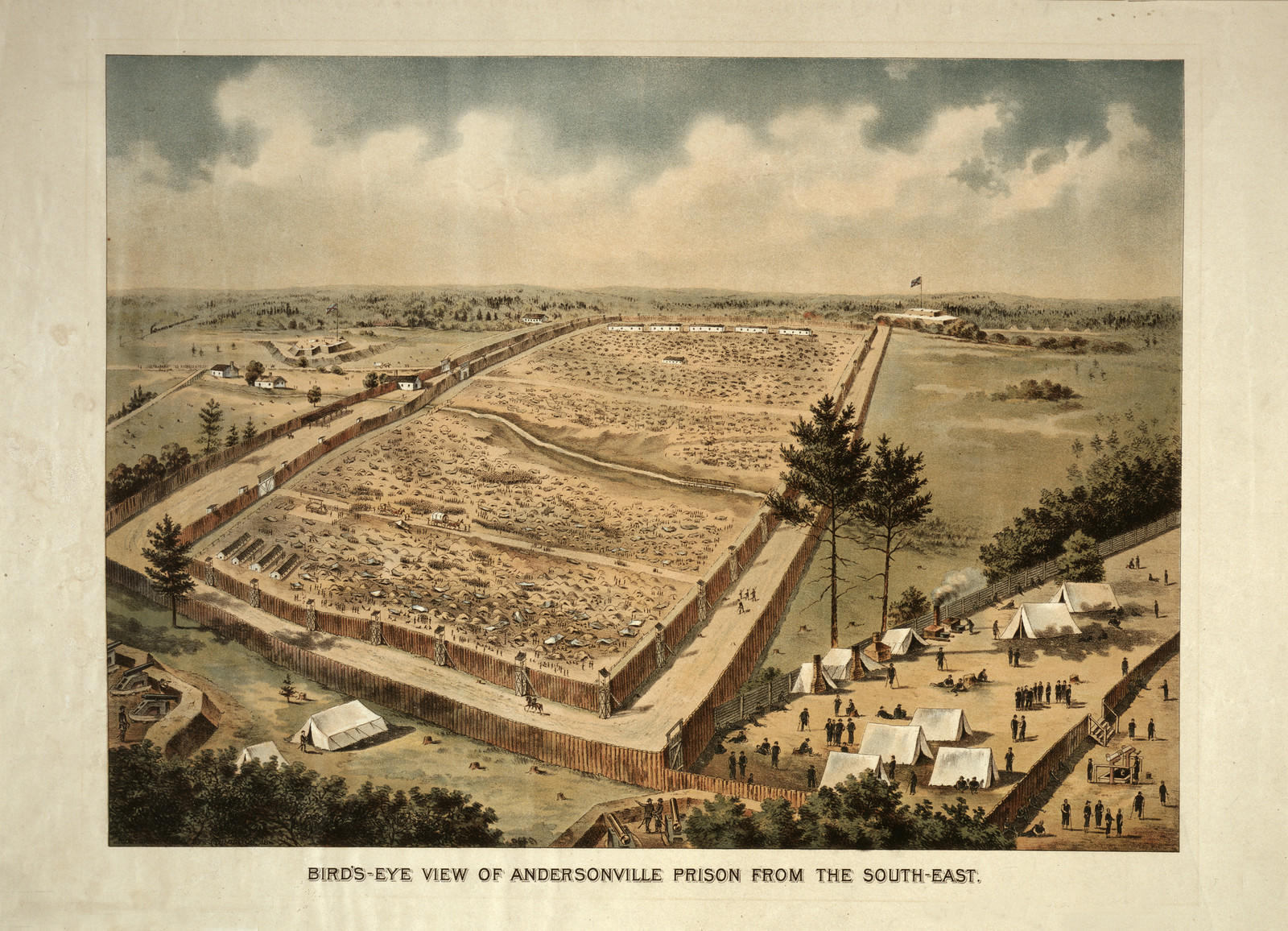 Bird's-eye view of Andersonville Prison from the south-east, c1890. — antique lithograph