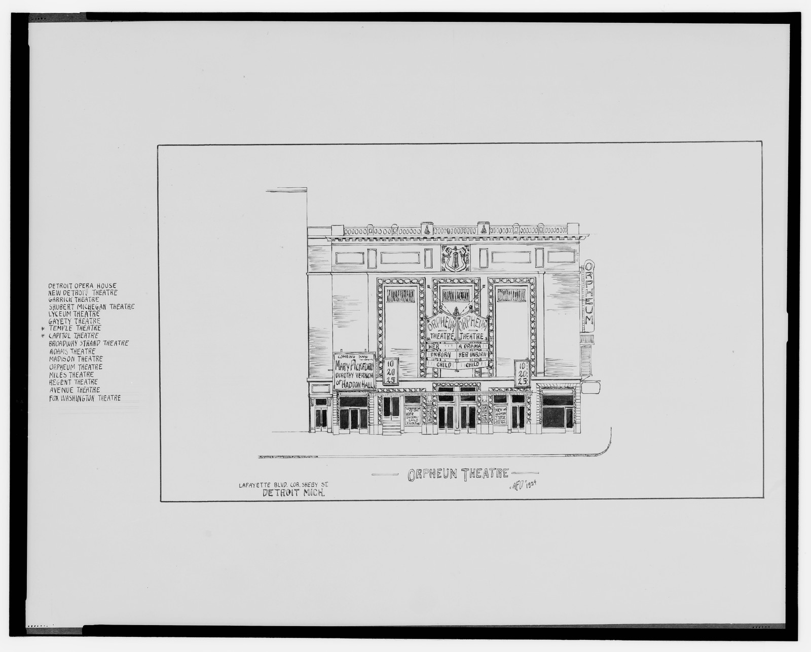 [Orpheum Theatre, Lafayette Boulevard corner of Sheby St., Detroit, Michigan] / AFD 1924., And Engineering (ADE) Drawings — vintage poster