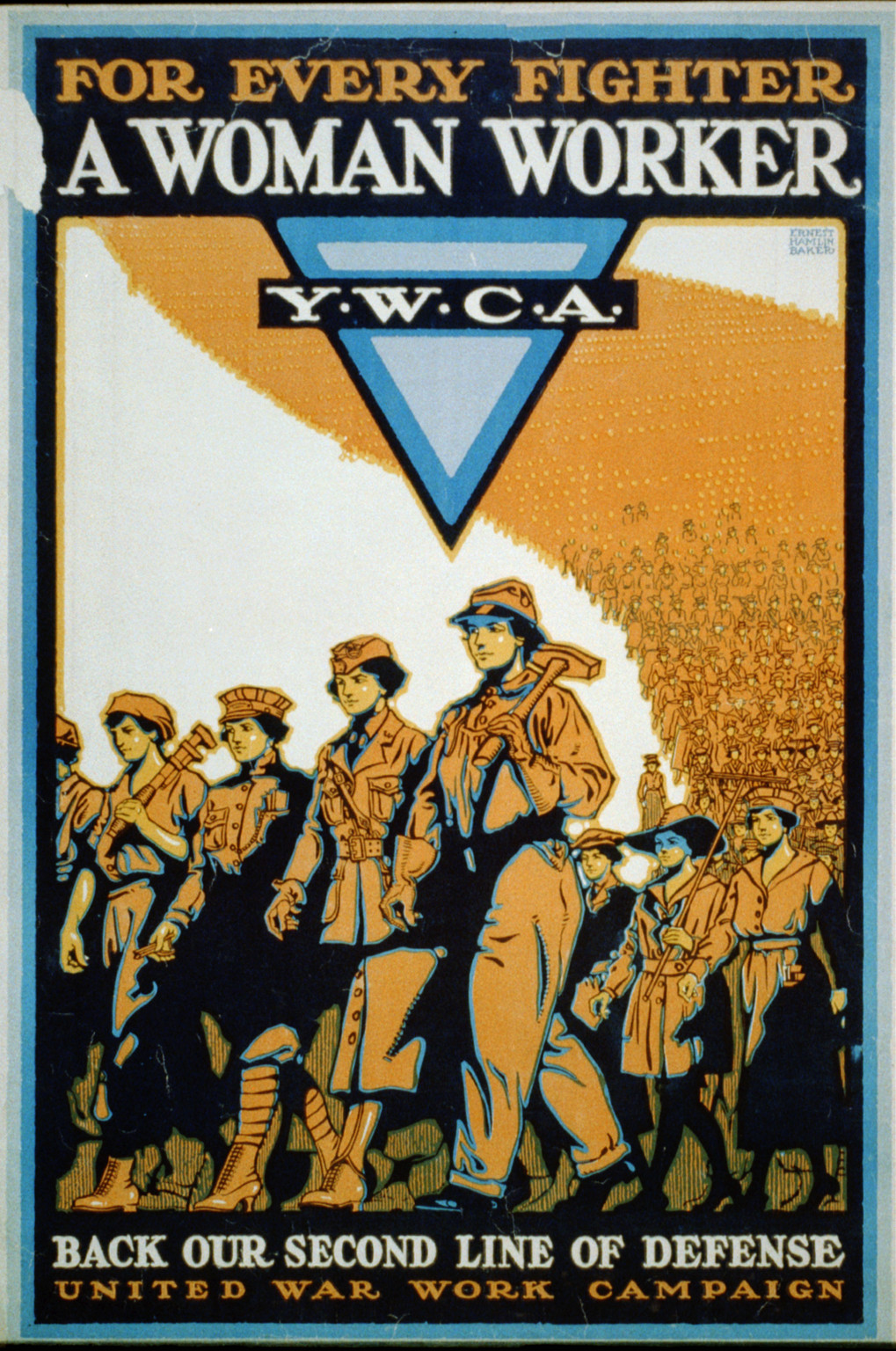 For every fighter a woman worker Y.W.C.A. : Back our second line of defence / Ernest Hamlin Baker., 1918 — vintage poster