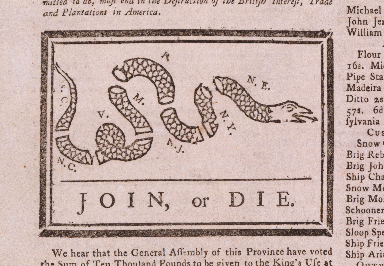 Join, or Die" snake cartoon with colony initials — historic image