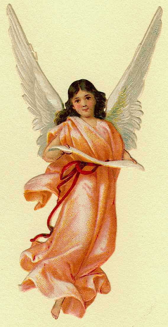Winged angel in orange robe with red ribbon — historic image