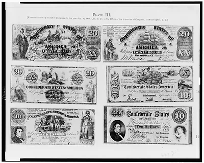 [Photographs of six pieces of Confederate paper currency]