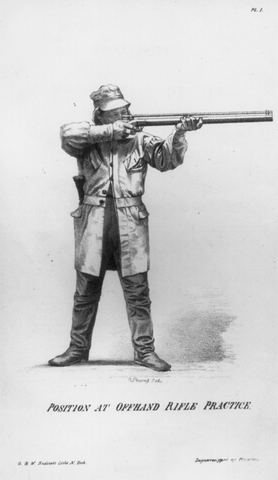 Position at offhand rifle practice, 1848 — antique lithograph