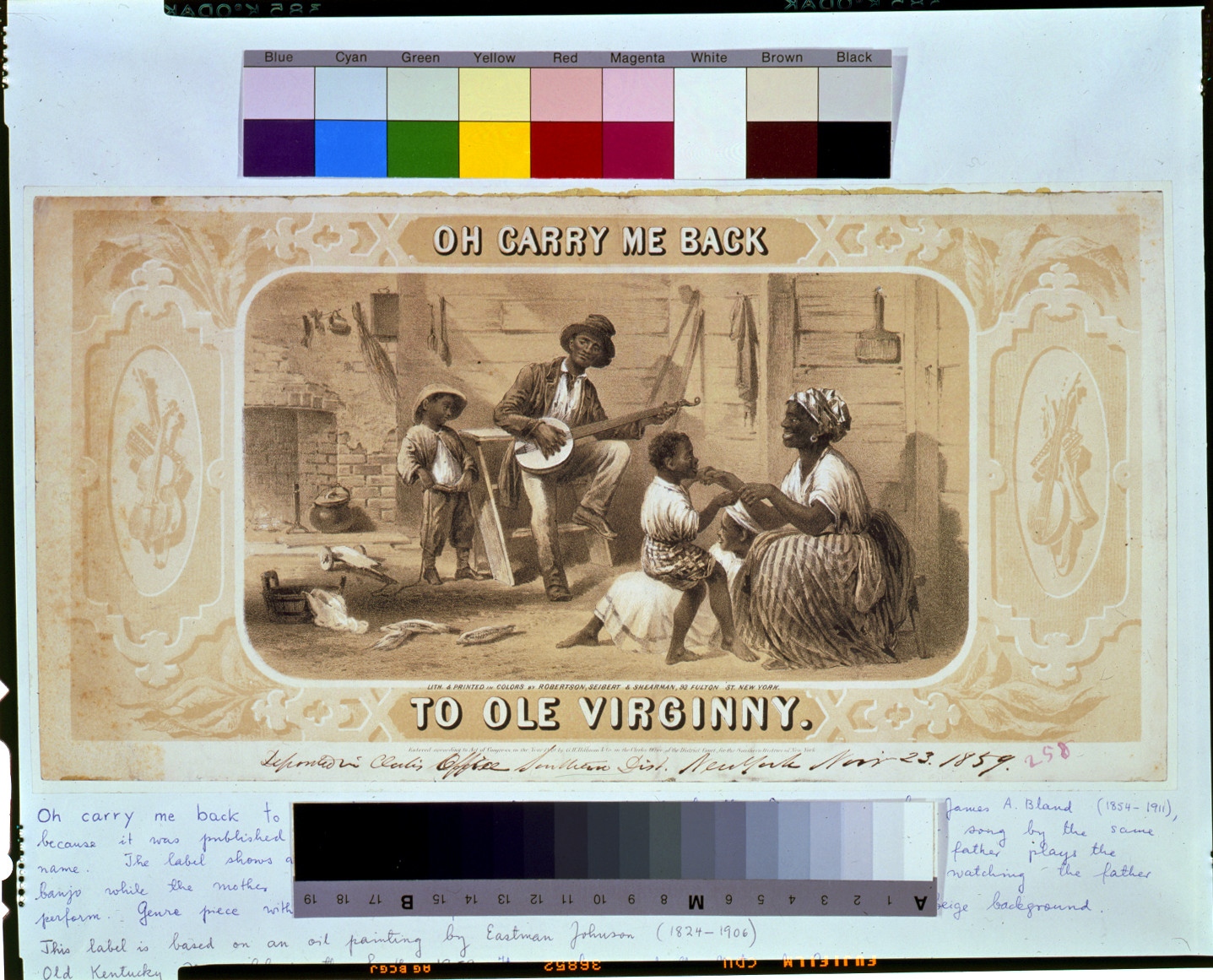 Oh carry me back to ole Virginny / Lith. & printed in colors by Robertson, Seibert & Shearman, New York., New York : Robertson, Seibert & Shearman, c1859. — antique lithograph